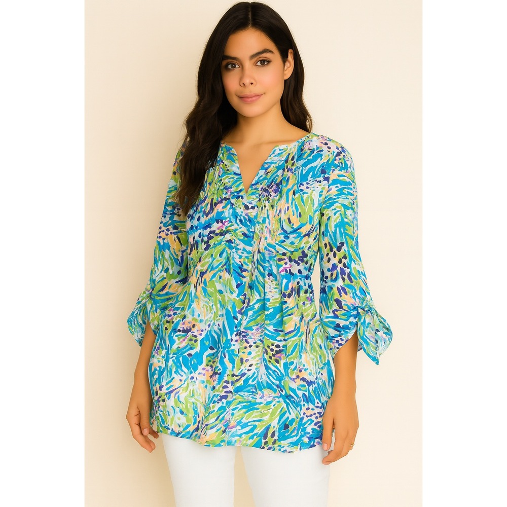 Lilly Pulitzer Braylen Palm Reader Pin Tuck Tunic Top Womens M Blue Green Cotton